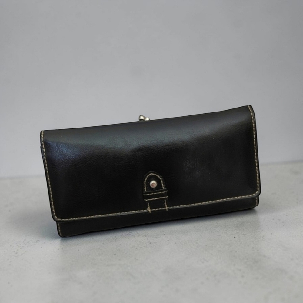 BUXTON Genuine Leather Vintage Minimalist Black Wallet w Kiss Lock Change Pouch